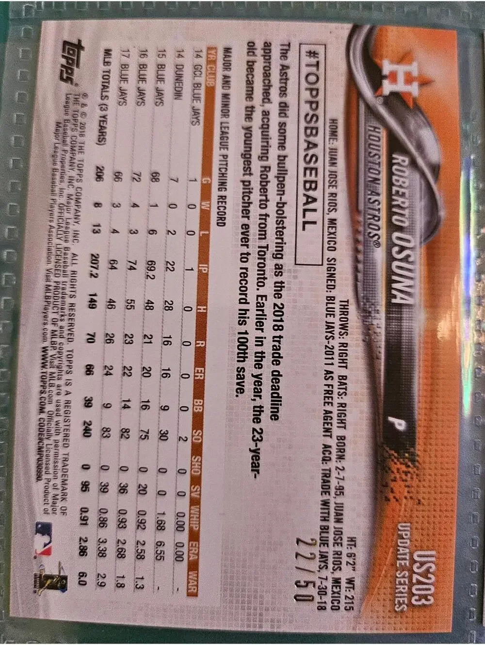 2018 Topps Update BLUE FD- Roberto Osuna - No. 22/50  #US203 -Astros - RAW Mint